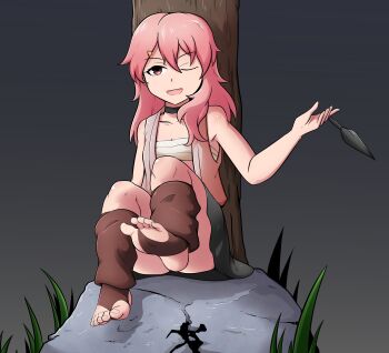 1girl benisumomo black_choker black_skirt breasts brown_socks choker closed_mouth clothes_lift collarbone convenient_censoring dot_nose female_focus foot_focus full_body hand_up konan_exe kunai kunoichi_tsubaki_no_mune_no_uchi leg_up loli long_hair looking_at_viewer matching_hair/eyes night one_eye_closed open_mouth outdoors pink_eyes pink_hair pink_vest sarashi sitting skirt skirt_lift small_breasts smile socks solo stirrup_legwear toeless_legwear vest weapon