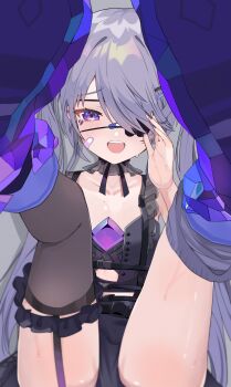 1girl absurdres bandaid castellayaki collarbone eyepatch foreshortening frills garter_straps gem grey_hair hair_ornament hairclip highres hololive hololive_english koseki_bijou koseki_bijou_(casual) looking_at_viewer nail_polish open_mouth purple_eyes purple_nails shoe_soles shoes single_thighhigh solo sweat thighhighs twintails virtual_youtuber
