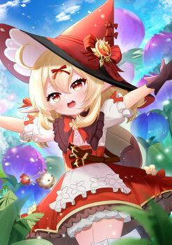 1girl absurdres ahoge blonde_hair blush bow brown_gloves cg_xiao_baishu chinese_commentary commentary_request gem genshin_impact gloves hair_between_eyes hair_ribbon hat hat_bow high-waist_skirt highres jumpy_dumpty klee_(blossoming_starlight)_(genshin_impact) klee_(genshin_impact) official_alternate_costume open_mouth outdoors outstretched_arms pointy_ears pyro_symbol_(genshin_impact) red_bow red_eyes red_gem red_hat red_ribbon red_skirt ribbon shirt short_sleeves skirt solo teeth upper_teeth_only vision_(genshin_impact) white_shirt witch_hat