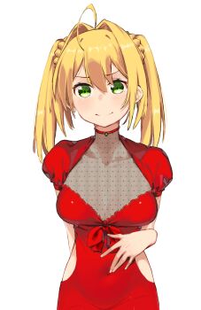Rule 34 | 1girl, absurdres, ahoge, blonde hair, blush, braid, breasts, cleavage, covered navel, dress, fate/extra, fate (series), green eyes, hair intakes, highres, kei (soundcross), large breasts, long hair, looking at viewer, nero claudius (fate), nero claudius (fate/extra), puffy short sleeves, puffy sleeves, red dress, see-through cleavage, see-through clothes, short sleeves, smile, solo, twintails
