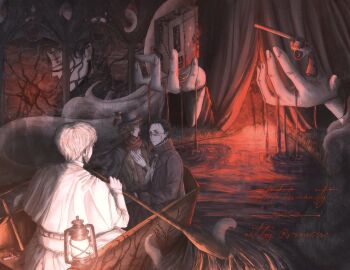 3boys adam_(lord_of_the_mysteries) black_coat black_hair black_hat blonde_hair blood boat capelet coat curtains dual_persona english_text facial_hair gehrman_sparrow gun hat highres klein_moretti lantern lord_of_the_mysteries male_focus merlin_hermes multiple_boys oar on_boat red_scarf river_of_blood scarf shirt short_hair signature sitting surreal tentacles time_paradox top_hat vrancere watercraft weapon white_capelet white_shirt