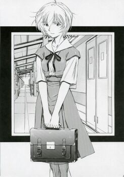 ayanami_rei bag highres kura_oh light_smile neon_genesis_evangelion ribbon school_bag school_uniform train