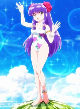 1girl anime_screenshot feet flower food fruit hair_flower hair_ornament purple_hair ranma_1/2 red_eyes shampoo_(ranma_1/2) sparks swimsuit tagme watermelon