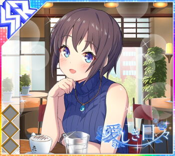 Rule 34 | 1girl, :d, album cover, bare shoulders, black hair, blue eyes, blue flower, blue gem, blue rose, blue shirt, blush, breasts, building, bush, cafe, chair, coffee, coffee mug, cover, cup, day, diffraction spikes, drinking glass, elbows on table, flower, game cg, gem, hand on own chin, hanging light, idol wars, indoors, jewelry, lens flare, looking at viewer, medium breasts, mug, necklace, official art, on chair, open mouth, plant, potted plant, ribbed shirt, rose, round table, saucer, shirt, short hair, sitting, sleeveless, sleeveless shirt, smile, solo, sparkle, table, third-party source, translated, turtleneck, turtleneck shirt, upper body, wall lamp, watch, water, wooden table, wristwatch, yukishiro nagisa