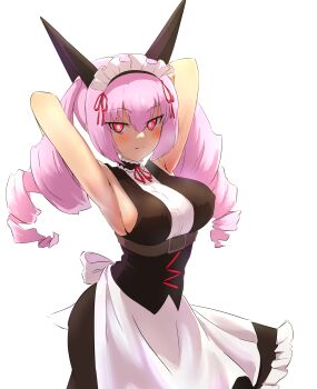 1girl absurdres akiha_rumiho animal_ears armpits arms_up bare_shoulders blush breasts cat_ears commentary_request fake_animal_ears highres long_hair looking_at_viewer maid maid_headdress mayqueen_maid_uniform pink_eyes pink_hair sadarann science_adventure sideboob_cutout simple_background sleeveless solo steins;gate twintails white_background
