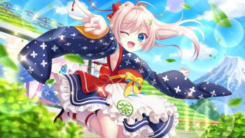 1girl ;d ahoge apron armpits black_sandals blue_eyes blue_kimono blue_sky blurry blurry_foreground bow breasts bush cloud day detached_sleeves dot_nose film_grain game_cg hair_bow hair_ornament hairclip high_ponytail himura_nagisa izumi_tsubasu japanese_clothes kimono leaf lens_flare long_hair looking_at_viewer medium_breasts mount_fuji non-web_source obi official_art one_eye_closed open_mouth outdoors outstretched_arms pink_hair ponytail print_kimono railing re:stage! red_bow sandals sash screen sideboob sky smile socks solo sparkle spread_arms stage stage_lights standing standing_on_one_leg swept_bangs v white_socks