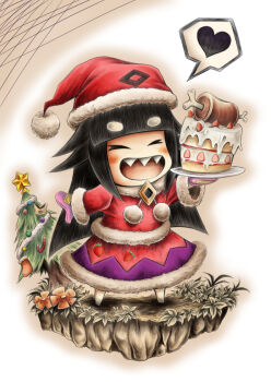 Rule 34 | 1girl, alternate costume, black hair, blunt bangs, blush stickers, boned meat, brooch, cake, chibi, christmas, christmas tree, closed eyes, female focus, flower, food, fruit, gradient background, hat, heart, hidefu kitayan, holding, holding plate, jewelry, liar princess, meat, mittens, open mouth, outline, plate, pom pom (clothes), purple mittens, santa costume, santa hat, sharp teeth, solo, spoken heart, standing, strawberry, teeth, thick eyebrows, usotsuki hime to moumoku ouji