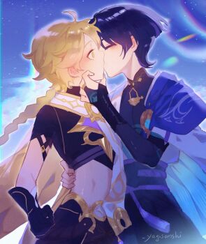 2boys absurdres aether_(genshin_impact) ahoge arm_armor artist_name black_bow black_gloves black_pants black_shirt black_shorts blonde_hair bloom blue_cape blue_gemstone blue_sky blunt_ends blush bow braid bridal_gauntlets bright_pupils cape clenched_hand closed_eyes cloud cloudy_sky commentary cowboy_shot english_commentary evening eyeshadow gem genshin_impact gloves gold_ring gold_trim hair_between_eyes han&#039;eri hand_around_waist hand_on_another&#039;s_chin hand_up highres kiss long_hair looking_at_another low-braided_long_hair low-tied_long_hair makeup male_focus mandarin_collar midriff multiple_boys no_headwear open_clothes open_vest outdoors pants purple_hair red_eyeshadow rope scaramouche_(genshin_impact) scarf shirt short_hair short_sleeves shorts single_braid sky sleeveless sleeveless_shirt standing star_(sky) starry_sky surprise_kiss surprised tassel vest vision_(genshin_impact) wanderer_(genshin_impact) white_pupils white_scarf white_vest wide-eyed yaginori yaoi yellow_eyes