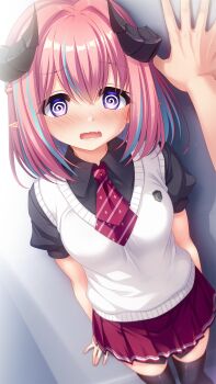 1boy 1girl @_@ arms_behind_back black_horns black_shirt black_thighhighs blue_hair blush collared_shirt commentary_request commission cowboy_shot demon_girl demon_horns diagonal-striped_clothes diagonal-striped_necktie dutch_angle embarrassed foreshortening furrowed_brow hair_between_eyes hair_intakes hajimeru_sekai_no_risouron hellmilia_van_noxrose hetero highres horns irori_(irorixc) kabedon looking_at_viewer medium_hair miniskirt multicolored_hair necktie nose_blush open_mouth paid_reward_available pink_hair pleated_skirt pointy_ears pov pov_hands purple_eyes red_necktie red_skirt school_uniform shirt short_necktie short_sleeves skeb_commission skirt solo_focus standing straight_hair streaked_hair striped_clothes sweater_vest thighhighs wavy_mouth white_sweater_vest zettai_ryouiki