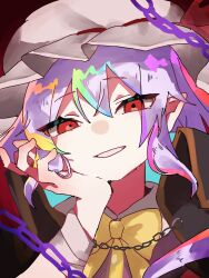 Rule 34 | 1girl, flandre scarlet, hand on own face, highres, looking at viewer, pointy ears, purple hair, red eyes, ribbon, rokka (rokka937), smirk, solo, touhou, touhou lostword, upper body, white mob cap, white mouth, yellow ribbon