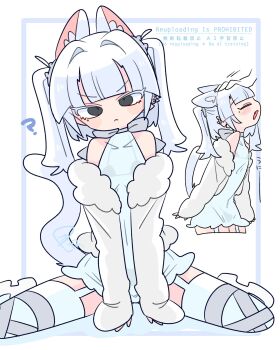 1boy ? animal_ear_fluff animal_ears arms_between_legs bare_shoulders black_bra blunt_bangs blush bow bowtie bra bulge cat_boy cat_ears cat_tail closed_eyes closed_mouth collarbone commentary covered_navel cowboy_shot crossdressing crossdressing_(mtf) disembodied_hand dress ear_piercing eve_(op_na_yarou) fang frown full_body fur-trimmed_jacket fur_trim garter_straps grey_bow grey_bowtie grey_eyes grey_thighhighs hair_intakes hair_tie headpat highres jacket light_blush long_sleeves looking_at_viewer male_focus medium_hair microdress mole mole_under_eye multicolored_thighhighs multiple_views no_nose notched_ear off_shoulder op_na_yarou open_clothes open_jacket open_mouth original panties piercing see-through_clothes see-through_dress shoes sidelocks simple_background sitting skin_fang sleeveless sleeveless_dress sleeves_past_wrists smile spread_legs tail thighhighs thighs trap two-tone_thighhighs two_side_up underwear v-shaped_eyebrows wariza watermark white_background white_dress white_hair white_jacket white_shoes white_thighhighs
