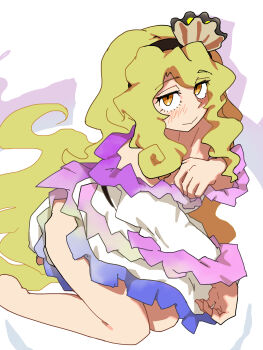 1girl absurdres barefoot blonde_hair blush clam_shell_ornament collarbone commentary_request dress frills highres legs light_smile long_hair long_sleeves looking_at_viewer okinanocanvas sitting solo thighs touhou very_long_hair watari_nina wavy_hair white_dress yellow_eyes