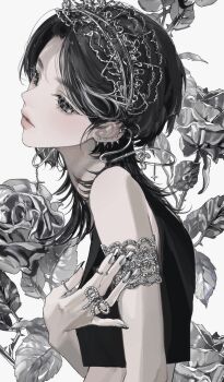 1girl armlet black_eyes black_hair crop_top ear_piercing flower hand_on_own_arm head_tilt headband highres jewelry kirochy long_hair original piercing ring rose silver_nails simple_background white_background white_flower white_rose