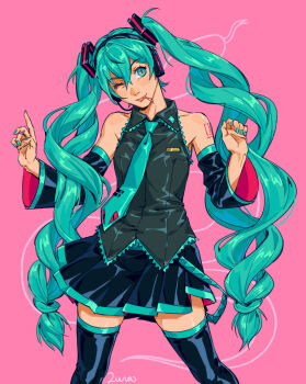 1girl ;) aqua_eyes aqua_hair aqua_nails aqua_necktie aqua_trim arm_tattoo bare_shoulders black_skirt black_sleeves black_thighhighs chinese_zodiac closed_mouth collared_shirt commentary cowboy_shot detached_sleeves double-parted_bangs female_focus forked_tongue frilled_shirt frilled_shirt_collar frills grey_shirt hair_between_eyes hair_ornament hands_up hatsune_miku headphones highres legs_apart long_hair looking_at_viewer matching_hair/eyes miniskirt nail_polish necktie number_tattoo one_eye_closed pink_background pleated_skirt red_pupils shirt simple_background skirt sleeveless sleeveless_shirt slit_pupils smile solo tattoo thighhighs tie_clip tongue tongue_out twintails two-sided_fabric two-sided_sleeves v-shaped_eyebrows very_long_hair vocaloid wink xxlunawarriorxx year_of_the_snake zettai_ryouiki