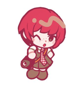 Rule 34 | ;o, blush, blush stickers, brown dress, brown shoes, camera, catp0sse, chibi, chibi only, commentary, danganronpa (series), danganronpa 2: goodbye despair, dress, english commentary, freckles, full body, koizumi mahiru, lowres, necktie, one eye closed, open mouth, pinafore dress, plaid clothes, plaid necktie, red hair, red necktie, shirt, shoes, short hair, simple background, sleeveless, sleeveless dress, solo, white background, white shirt