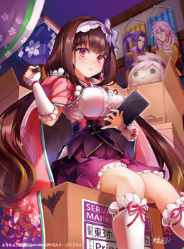 1girl arm_warmers black_hair blush box breasts brown_hair cape cardboard_box character_doll commentary_request doll drawing_(object) fate/grand_order fate_(series) frilled_skirt frills gradient_hair hairband hanging_scroll holding holding_stylus holding_tablet_pc hood hood_down hooded_cape karna_(fate) kneehighs large_breasts long_hair looking_at_viewer looking_down miyamoto_musashi_(fate) multicolored_hair musou_yuchi on_box osakabehime_(fate) pink_cape purple_eyes purple_skirt sasaki_kojirou_(fate) sasaki_kojirou_(prince_of_slayer)_(fate) scroll shirt siegfried_(fate) siegfried_(prince_of_slayer)_(fate) sitting sitting_on_box skirt smile socks solo stylus tablet_pc very_long_hair white_hairband white_shirt white_socks