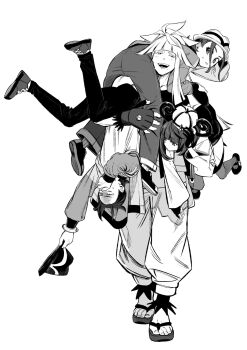 2boys 2girls carrying carrying_multiple_people carrying_over_shoulder carrying_person carrying_under_arm coat gloves greyscale gwynn_(pokemon) harmony_(pokemon) hat highres ivor_(pokemon) long_hair mole monochrome multiple_boys multiple_girls nintendo open_mouth paxton_(pokemon) pokemon pokemon_legends:_z-a sandals short_hair simple_background smile white_background zizi_(azusako3)