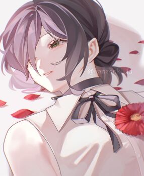 1girl absurdres black_choker black_hair black_ribbon chainsaw_man choker flower green_eyes grenade_pin hanadoki_13 highres lying neck_ribbon on_back red_flower reze_(chainsaw_man) ribbon shirt sleeveless sleeveless_shirt solo white_shirt