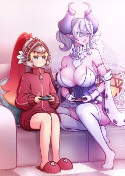 2girls akisame_rizu bare_legs bare_shoulders blonde_hair blue_eyes breasts cleavage controller demon_girl demon_horns demon_wings dress drill_hair duel_monster expressionless grey_eyes grey_hair helmet highres holding holding_controller horns huge_breasts jacket joy-con_2 knight_(yu-gi-oh!) lovely_labrynth_of_the_silver_castle multiple_girls multiple_wings red_jacket sitting sketch strapless strapless_dress thighhighs track_jacket transparent_wings twin_drills twitter_username white_dress wings yu-gi-oh!