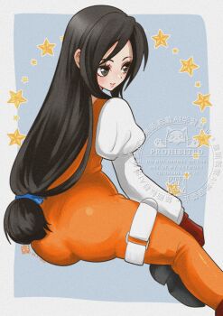 Rule 34 | 1girl, ass, black boots, black hair, bodysuit, boots, border, closed mouth, commentary, dated, english commentary, final fantasy, final fantasy ix, foot out of frame, garnet til alexandros xvii, gloves, grey background, grey eyes, hair ornament, hairclip, highres, juliet sleeves, light smile, long hair, long sleeves, low-tied long hair, orange bodysuit, puffy sleeves, red gloves, shikiwo, shirt, signature, sitting, solo, thigh strap, white border, white shirt