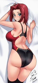 1girl absurdres ass bed_sheet black_one-piece_swimsuit black_thighhighs blue_eyes blush breasts closed_mouth code_geass commentary_request competition_swimsuit dakimakura_(medium) dated from_above hair_intakes highleg highleg_one-piece_swimsuit highres kouzuki_kallen large_breasts legs_together looking_at_viewer lying medium_hair on_stomach one-piece_swimsuit red_hair red_one-piece_swimsuit sheet_grab sidelocks signature smile solo swimsuit thighhighs two-tone_swimsuit yoo_tenchi