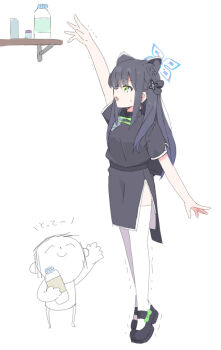 1boy 1girl animal_ear_fluff animal_ears black_dress black_hair black_shoes blue_archive bottle breasts commentary_request commission doodle_sensei_(blue_archive) dress green_eyes halo holding holding_bottle long_hair nyaru_(nyaru_4126) reaching sensei_(blue_archive) shelf shoes short_sleeves shun_(blue_archive) shun_(small)_(blue_archive) simple_background skeb_commission small_breasts small_sweatdrop standing sweat thighhighs tiptoes translation_request trembling very_long_hair white_background white_thighhighs