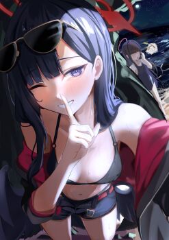 2girls absurdres bikini bikini_bottom_under_shorts bikini_under_clothes black_bikini black_jacket black_shorts black_wings blue_archive doodle_sensei_(blue_archive) eyewear_on_head feathered_wings halo highres hno3_3hcl ichika_(blue_archive) ichika_(swimsuit)_(blue_archive) index_finger_raised jacket justice_task_force_member_(blue_archive) looking_at_viewer low_wings multiple_girls o-ring o-ring_bikini o-ring_top official_alternate_costume one_eye_closed open_clothes open_jacket open_shorts red_halo sensei_(blue_archive) shorts smile sunglasses swimsuit unusually_open_eyes wings