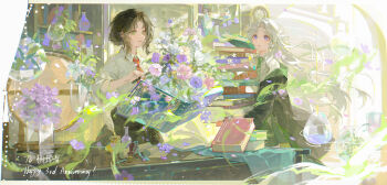 absurdres blurry book book_stack bouquet braid brown_hair character_request clock collared_shirt copyright_request cowboy_shot curtains day dingding_zi eyelashes falling_petals floating_hair flower green_eyes green_necktie green_skirt hair_bun hanging_plant happy_anniversary highres holding holding_book holding_wand hydrangea incredibly_absurdres indoors jacket jar leaf lily_(flower) long_hair long_sleeves looking_afar necktie note open_book open_mouth paper parted_bangs parted_lips petals pink_eyes pink_flower pink_petals pleated_skirt purple_flower purple_petals red_necktie sample_watermark scar scar_across_eye scar_on_face shelf shirt sidelocks skirt sleeves_rolled_up standing sunlight table tassel two-sided_fabric two-sided_jacket wand watermark white_flower white_hair white_lily white_shirt
