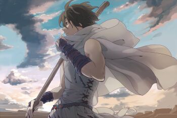 1boy belt biceps black_hair blue_sky brown_eyes cape closed_mouth cloud cloudy_sky commentary_request cowboy_shot dated_commentary evening from_side holding holding_stick male_focus original outdoors profile short_hair sky solo standing stick tank_top tukasac white_cape white_tank_top