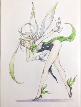 1girl ahoge bare_arms bent_over black_leotard black_shoes blonde_hair bow bowing bowtie breasts butler_bowing closed_mouth commentary_request fairy fairy_wings footwear_bow from_side full_body gloves gradient_hair green_bow green_bowtie green_eyes green_hair high_heels highres huge_ahoge leotard long_hair looking_at_viewer looking_to_the_side multicolored_hair original peter_salt pointy_ears shoes small_breasts smile solo standing standing_on_one_leg tailcoat thighs traditional_media two-tone_hair white_background white_gloves wings