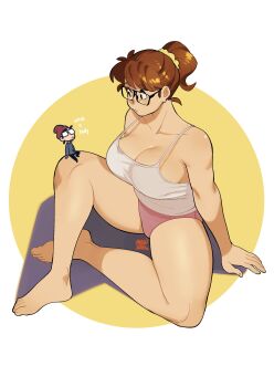 1boy 1girl absurdres artist_name artist_self-insert barefoot beanie black_pants blue_shirt blush breasts brown_hair camisole cleavage commentary dated english_commentary english_text facial_hair frown glasses hair_behind_ear hat highres large_breasts long_sleeves looking_down mini_person miniboy original panties pants pink_panties ponytail red_headwear shirt short_hair sideboob snowcie snowciel_(snowcie) solo_focus stubble surprised underwear white_camisole