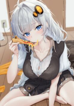 1girl absurdres ahoge arm_support barefoot black_dress blue_eyes blurry blush braid breasts button_gap cable cleavage collarbone collared_shirt commentary_request dress eating electric_plug electrical_outlet food grey_hair hair_intakes hair_ornament head_tilt highres holding holding_food holding_pizza indoors kizuna_akari large_breasts long_hair looking_at_viewer on_floor pizza pizza_slice puffy_short_sleeves puffy_sleeves shirt short_sleeves sitting sleeveless solo toes tsumura_(user_fvej5527) twin_braids very_long_hair voiceroid white_hair white_shirt wooden_floor