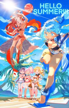 5girls akemi_homura akemi_homura_(swimsuit_ver.) armpits ball bare_arms barefoot beach beachball bikini bikini_skirt black_bikini black_hairband blonde_hair blue_eyes blue_gemstone blue_hair blue_jacket blue_sky bracelet braid breasts choker cleavage cloud cloudy_sky collared_shirt commentary_request cropped_jacket detached_sleeves dress drill_hair english_text flower frilled_bikini frilled_skirt frills gem glasses hair_flower hair_ornament hairband happy high_ponytail high_side_ponytail jacket jewelry jumping kaname_madoka kaname_madoka_(swimsuit_ver.) knees lens_flare light_blush long_hair looking_at_another low_twin_braids magia_record:_mahou_shoujo_madoka_magica_gaiden magical_girl mahou_shoujo_madoka_magica miki_sayaka miki_sayaka_(surfer_ver.) moettimae multicolored_jacket multiple_girls navel ocean official_alternate_costume open_mouth outdoors palm_tree pink_eyes pink_hair platform_sandals ponytail purple_bikini purple_eyes purple_hair red_eyes red_hair red_sarong sakura_kyoko sakura_kyoko_(swimsuit_ver.) sandals sarong see-through_clothes see-through_skirt shirt short_hair skirt sky soul_gem stomach sunlight swimsuit thigh_strap tomoe_mami tomoe_mami_(swimsuit_ver.) tree twin_braids two-tone_jacket very_long_hair white_bikini white_flower yellow_dress yellow_eyes
