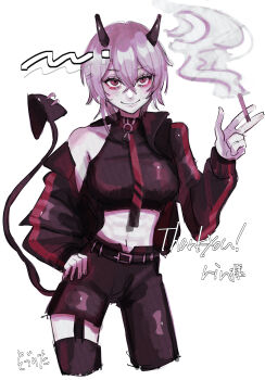 1girl absurdres black_horns black_jacket cigarette commission demon_tail hair_between_eyes hand_on_own_hip highres holding holding_cigarette horns imp indie_virtual_youtuber jacket midriff navel piercing red_eyes ringed_eyes rinkya short_hair skeb_commission smile smoke smoke_trail solo tail thank_you virtual_youtuber white_background wodurita