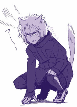 1boy animal_ears aomiz artist_name full_body hand_on_own_knee highres jacket male_focus monochrome ninja_to_gokudou open_mouth short_hair signature solo squatting tail tanaka_shinoha white_background