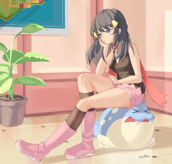 1girl black_hair black_socks blue_eyes boots breasts closed_eyes closed_mouth dawn_(pokemon) fangs gen_3_pokemon hair_ornament hairclip highres indoors kneehighs long_hair map nintendo open_mouth pink_boots pink_skirt plant pokemon pokemon_(creature) pokemon_dppt potted_plant red_scarf revvie scarf seal_(animal) shirt sitting_on_pokemon skirt sleeveless socks spheal