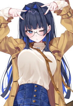 1girl absurdres arms_up bag blue_eyes blue_hair blue_pants blunt_bangs blunt_ends breasts brown_coat closed_mouth coat colored_inner_hair commentary_request denim double_v glasses hair_intakes handbag high-waist_pants highres hime_cut hololive hololive_english jeans large_breasts long_hair long_sleeves looking_at_viewer mogu_(au1127) multicolored_hair official_alternate_costume official_alternate_hairstyle one_eye_closed ouro_kronii ouro_kronii_(casual) pants round_eyewear sidelocks simple_background solo sweater sweater_tucked_in trench_coat turtleneck turtleneck_sweater v virtual_youtuber white_background white_sweater