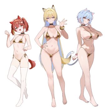 Rule 34 | 3girls, absurdres, animal ear fluff, animal ears, bangle, bare arms, bare legs, bare shoulders, barefoot, bikini, black choker, black ribbon, blue eyes, blue hair, blue nails, blush, bracelet, breasts, brown eyes, brown hair, cat ears, cat girl, cat tail, choker, closed mouth, colored inner hair, commentary request, dog ears, dog girl, dog tail, earrings, fangs, feet, full body, gold bikini, grin, hair between eyes, hair intakes, hair ornament, hair ribbon, hand on own hip, hand up, highleg, highleg bikini, highres, jewelry, large breasts, long hair, looking at viewer, medium breasts, micro bikini, mole, mole under eye, multicolored hair, multiple girls, nail polish, navel, no shoes, open mouth, orange eyes, original, pink hair, ribbon, scrunchie, short hair, side-tie bikini bottom, simple background, skin fangs, smile, standing, standing on one leg, starcat, string bikini, swimsuit, tail, thighhighs, toenail polish, toenails, toes, twintails, two-tone hair, very long hair, waving, white background, white thighhighs, wrist scrunchie, yellow nails, yellow scrunchie
