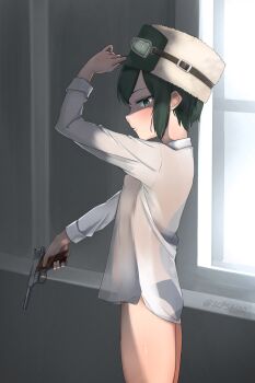 1girl adjusting_clothes adjusting_hat arm_at_side arm_up artist_name ass black_panties blush breasts closed_mouth cowboy_shot expressionless female_focus flat_ass green_eyes green_hair green_hat gun handgun hat holding holding_gun holding_weapon indoors kino_(kino_no_tabi) kino_no_tabi long_sleeves looking_at_viewer looking_to_the_side matching_hair/eyes no_bra panties petite riceball_sama see-through_clothes see-through_shirt shaded_face shirt sideways_glance small_breasts solo standing tomboy two-tone_hat underwear weapon white_hat white_shirt