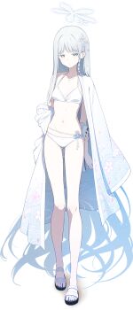Rule 34 | 1girl, absurdres, arms behind back, artist request, bikini, blue archive, blush, braid, breasts, colored eyelashes, floral print, full body, grey eyes, hair intakes, hair ornament, halo, haori, haori partially removed, highres, holding own arm, japanese clothes, jewelry, legs, long hair, looking at viewer, multiple views, nagusa (blue archive), nagusa (swimsuit) (blue archive), navel, necklace, official alternate costume, official art, pale skin, sandals, side braid, sleeves past wrists, small breasts, smile, snowflake hair ornament, solo, stomach, straight hair, string bikini, swimsuit, tachi-e, v, very long hair, white bikini, white eyelashes, white hair, white haori