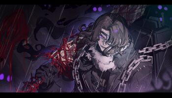 1boy :d beard_stubble belt black_gloves black_jacket brown_hair chain coffin curtained_hair erlking_heathcliff_(project_moon) eyepatch facial_hair fur_collar gloves greatsword grin highres holding holding_sword holding_weapon jacket kiscript letterboxed limbus_company long_hair male_focus open_mouth over_shoulder popped_collar project_moon purple_eyes rain smile solo stubble sword sword_over_shoulder upper_body weapon weapon_over_shoulder