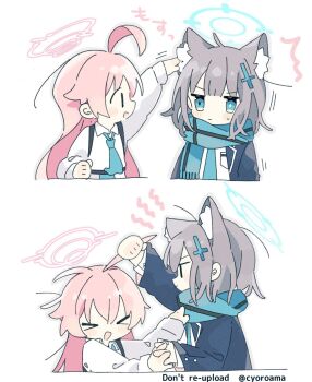 &gt;_&lt; 2girls 2koma :| ahoge animal_ear_fluff animal_ears annoyed artist_name blazer blue_archive blue_eyes blue_halo blue_jacket blue_necktie blue_scarf blush blush_stickers closed_mouth comic extra_ears grabbing_another&#039;s_ear grabbing_another&#039;s_hair grey_hair hair_ornament halo hand_on_another&#039;s_ear heterochromia highres holding_another&#039;s_hair holding_hands hoshino_(blue_archive) jacket long_hair long_sleeves looking_at_another multiple_girls naguru_(cyoroama) necktie open_clothes open_jacket open_mouth pink_hair pink_halo profile sailor_collar scarf school_uniform shiroko_(blue_archive) shirt short_hair simple_background sweatdrop twitter_username upper_body white_background white_shirt wolf_ears wolf_girl x_hair_ornament |_|