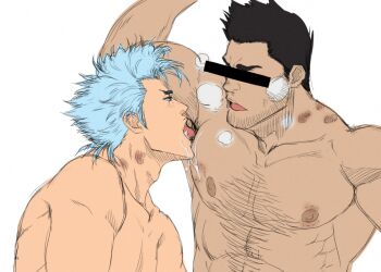 2boys aizenhower armpit_hair armpits bar_censor bara beard_stubble black_hair bleach blue_hair censored completely_nude facial_hair grimmjow_jaegerjaquez censored_identity kurosaki_isshin large_pectorals licking licking_armpit male_focus mature_male multiple_boys muscular muscular_male nipples nude open_mouth pectorals short_hair stubble tongue tongue_out yaoi