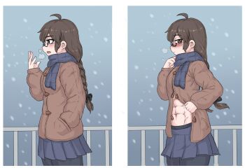 1girl abs clothes_lift looking_at_viewer muscular muscular_female sheepapp skirt snow