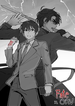 Rule 34 | 2boys, black coat, black hair, black necktie, clenched hand, clenched teeth, coat, collared shirt, command spell, cowboy shot, crossover, curtained hair, fate/grand order, fate (series), hair between eyes, hand up, highres, holding, holding phone, holding sword, holding weapon, keomikan, kim dokja, lightning, male focus, multiple boys, necktie, omniscient reader's viewpoint, open mouth, partially colored, phone, popped collar, shirt, short hair, sword, teeth, weapon, white shirt, yoo joonghyuk