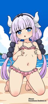 1girl 2kaze absurdres bad_tag beach bikini bikini_top_lift blue_eyes blush clothes_lift dragon_girl dragon_horns exhibitionism feet female_focus hair_ornament hairband highres horns kanna_kamui kneeling kobayashi-san_chi_no_maidragon loli long_hair looking_at_viewer navel nipples ocean pink_bikini pink_swimsuit public_indecency sky solo stomach swimsuit tail thighs toes twintails