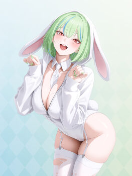 1girl animal_ears argyle_background breasts charon_universe cleavage collarbone cowboy_shot detached_collar fake_animal_ears fake_tail floppy_ears garter_straps gradient_background green_hair green_nails hands_up highleg highleg_leotard hooded_leotard kiyu_(charon_universe) korean_commentary large_breasts leaning_forward leotard long_sleeves looking_at_viewer multicolored_hair myomomoo nail_polish necktie open_mouth playboy_bunny rabbit_ears rabbit_tail red_eyes short_hair short_necktie skindentation smile solo standing streaked_hair tail thighhighs torn_clothes torn_thighhighs virtual_youtuber white_hood white_necktie white_thighhighs