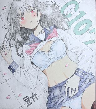 1girl absurdres black_hair blue_bra blue_panties blue_sailor_collar blue_skirt blush bow bow_bra bow_panties bra breasts choker clothes_lift comiket_107 commentary_request cowboy_shot hand_up highres large_breasts long_hair long_sleeves looking_at_viewer mameroku neckerchief on_floor original panties parted_lips petals pink_neckerchief pink_petals red_eyes sailor_collar school_uniform serafuku shirt shirt_lift skirt traditional_media underwear white_shirt