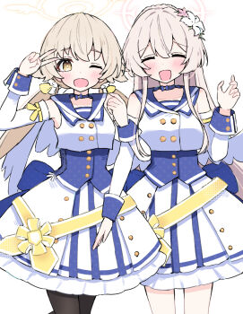 2girls black_pantyhose blue_archive blue_choker blue_sailor_collar blush choker closed_eyes detached_sleeves flower hifumi_(blue_archive) highres idol idol_clothes locked_arms long_hair mischievous_straight_uniform_(blue_archive) multiple_girls nagisa_(blue_archive) one_eye_closed open_mouth pantyhose sailor_collar sailor_shirt sateto_(user_knrf2332) shirt skirt v white_background white_skirt