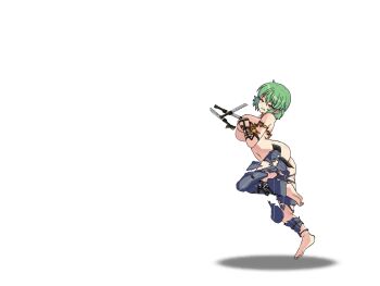 1girl animated animated_gif ass ass_shake bad_link bad_reddit_link barefoot blush body_blush bouncing_ass bouncing_breasts breasts cleavage clenched_teeth closed_eyes combat_knife covering_breasts covering_privates crossover defeat denim exploding_clothes full_body green_hair hikage_(senran_kagura) injury jeans jiggle knife large_breasts lost_sword:_tales_of_britania navel no_tattoo official_art pants revealing_clothes senran_kagura senran_kagura_shoujo-tachi_no_shin'ei shiny_skin shirt short_hair simple_background solo teeth top-down_bottom-up torn_clothes torn_jeans torn_pants torn_shirt underboob weapon white_background